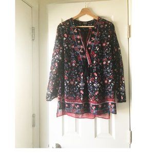 Jones NY peasant bohemian blouse blue red tassels